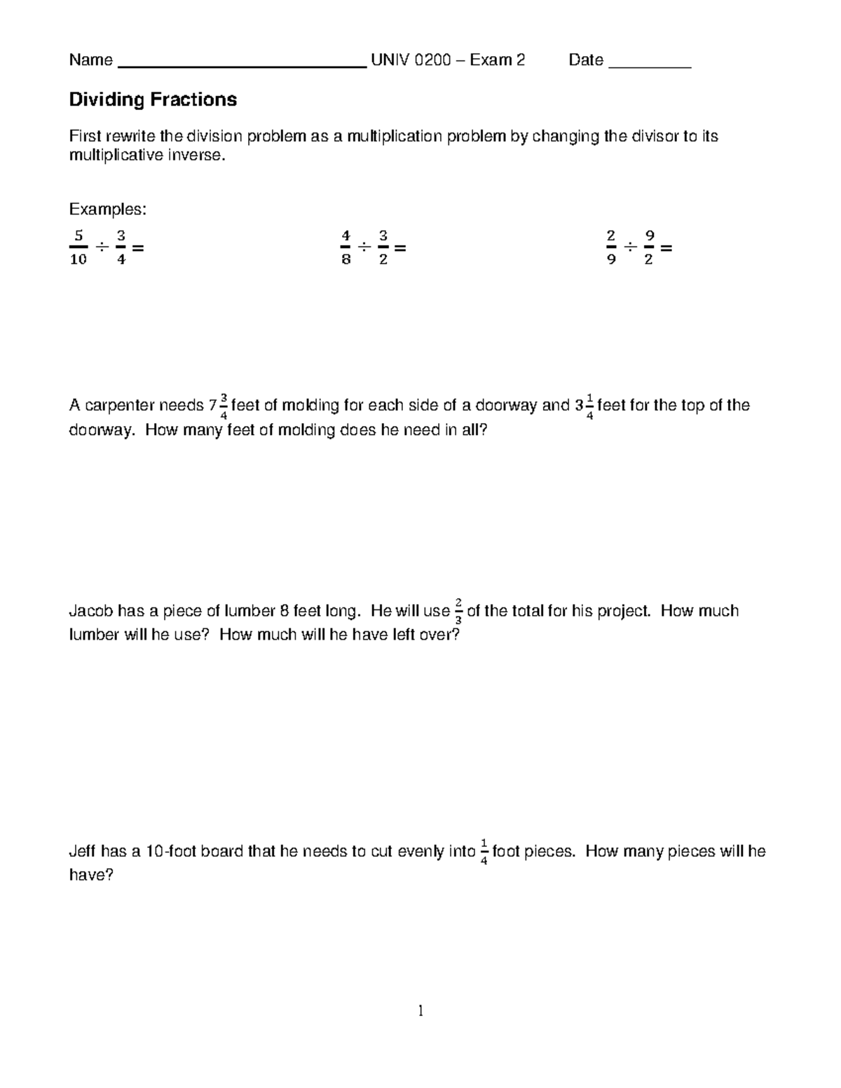 Week 5 Dividing Fractions - Dividing Fractions First rewrite the ...