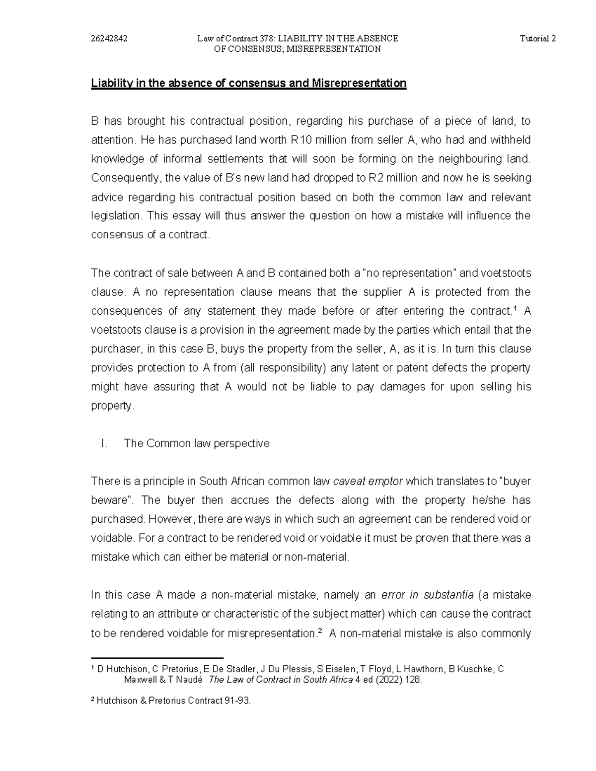 Contract tut 2 - OF CONSENSUS; MISREPRESENTATION Liability in the ...