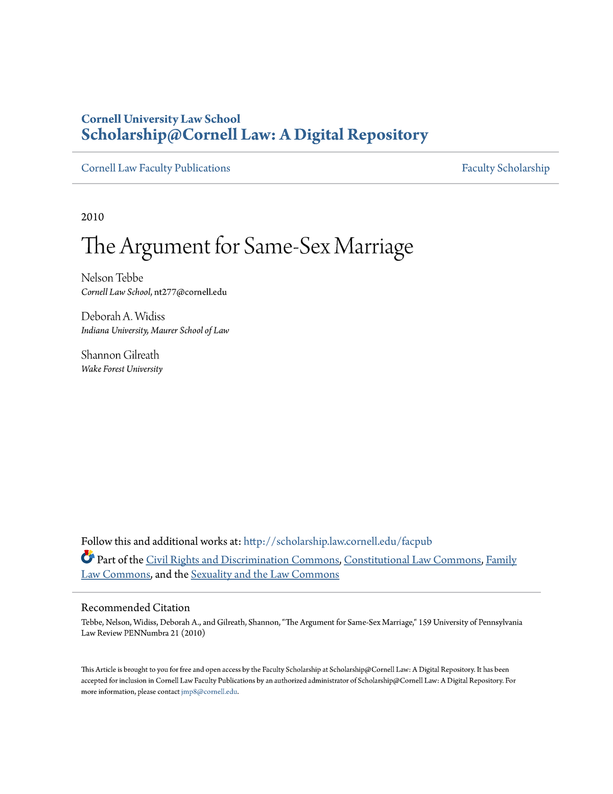 The Argument For Same Sex Marriage Cornell University Law School