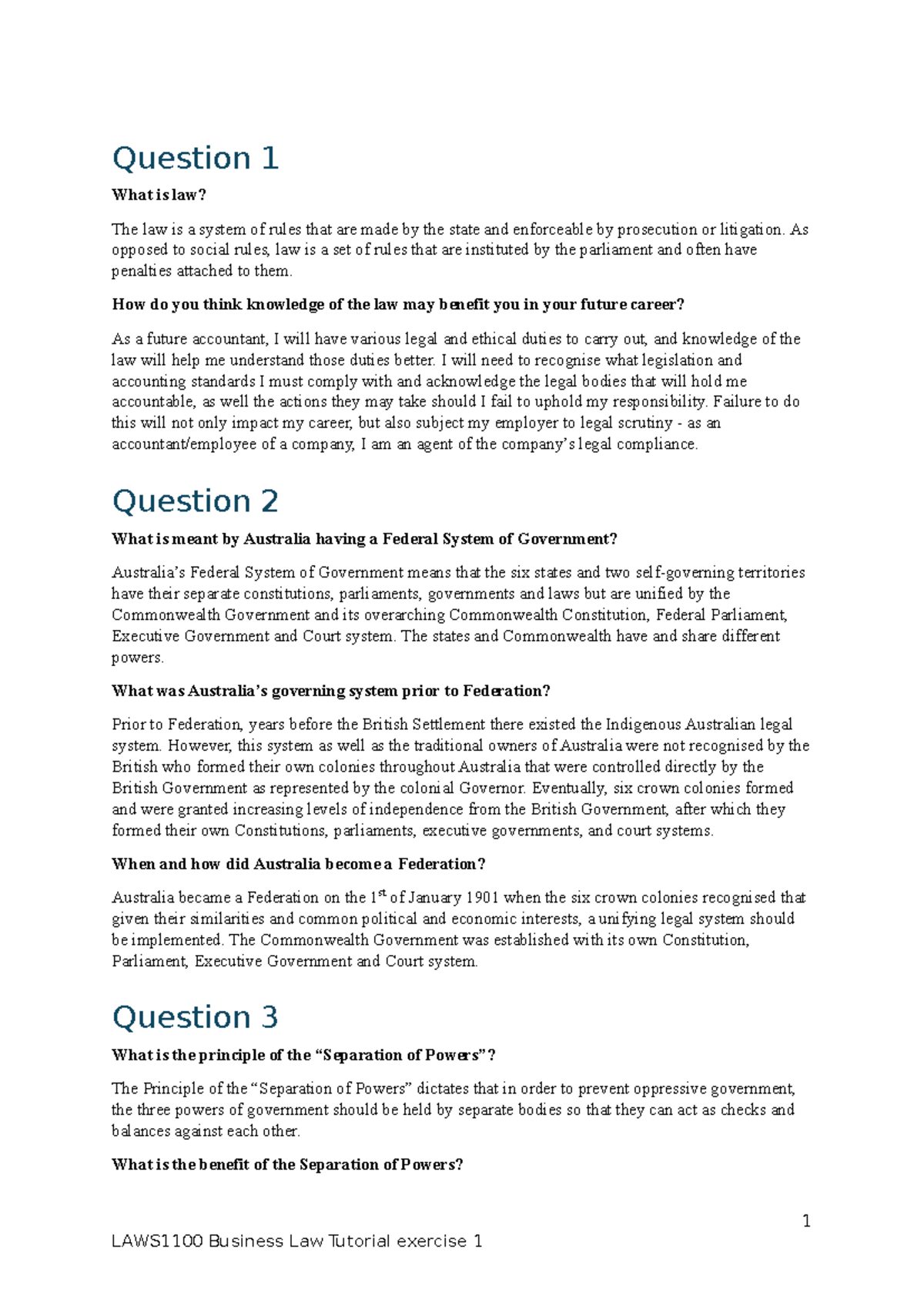 Tut Exercise 1 - Tutorial 1 - Question 1 What is law? The law is a ...