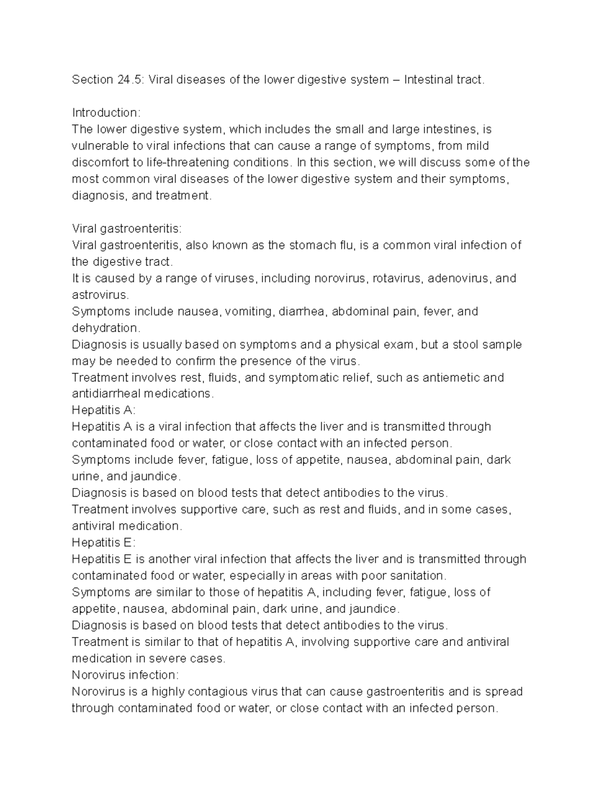 Section 24.5 Viral diseases of the lower digestive system Intestinal tract Introduction The
