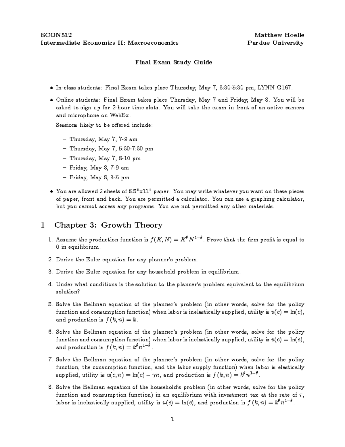 Final Exam Study Guide - Summary Intermediate Economics Ii - ECON512 ...