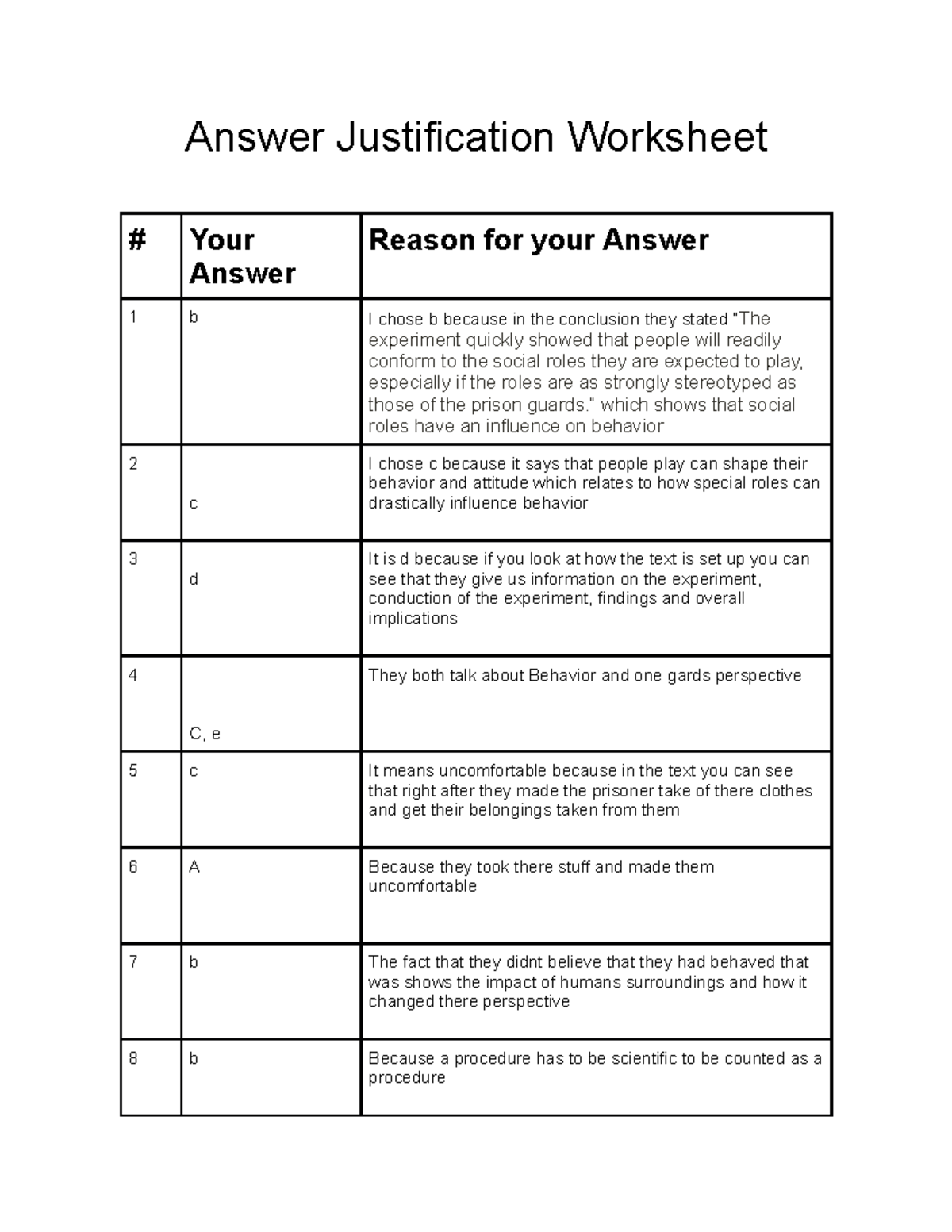 Copy of Answer Justification Worksheet - Answer Justification Worksheet ...