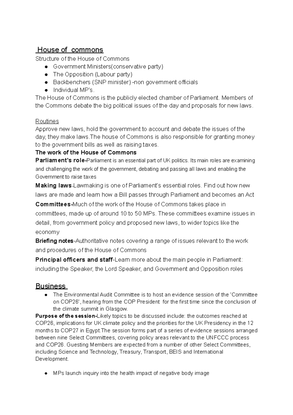 House Of Commons - AC1.2 Revision - House Of Commons Structure Of The ...