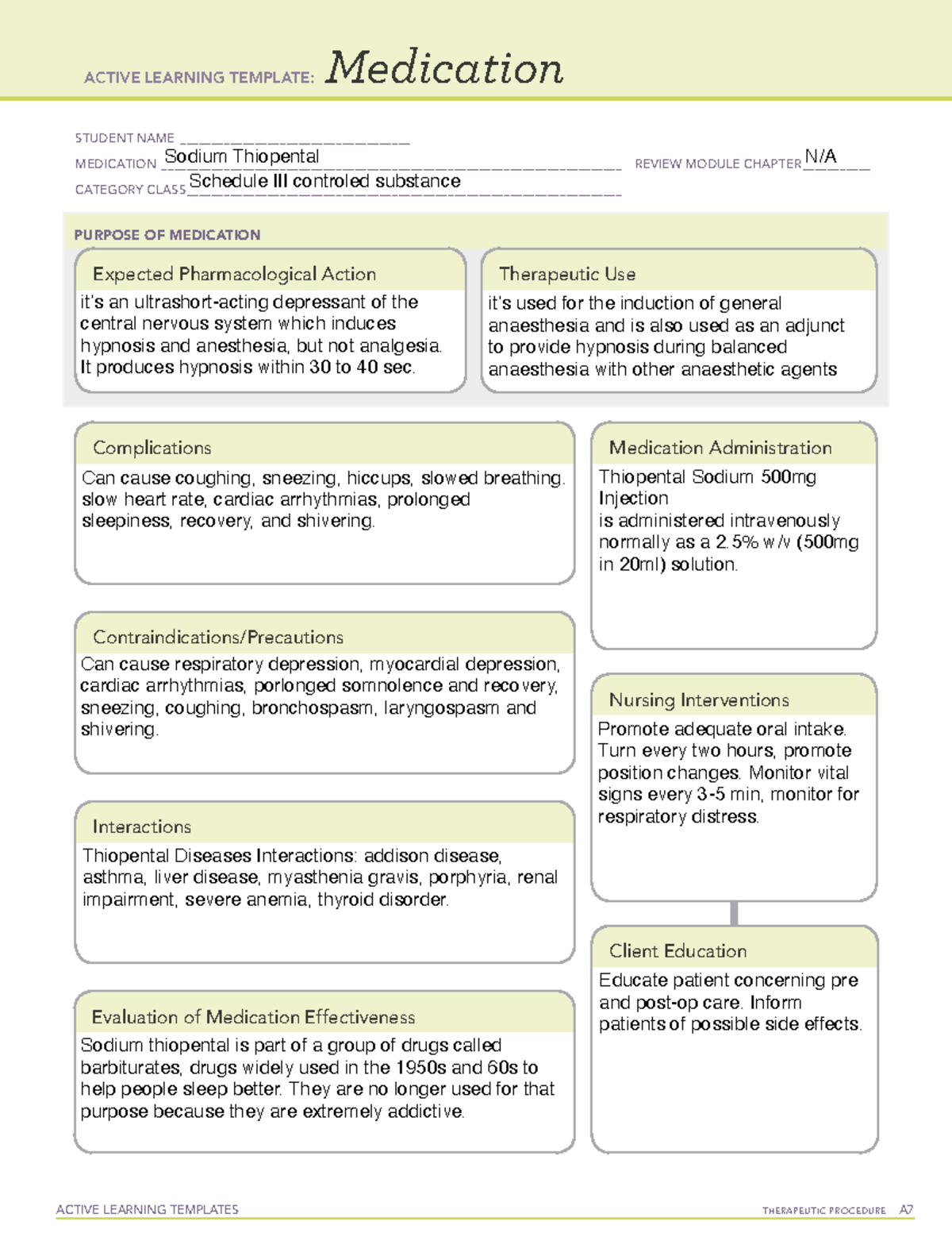 Sodium Thiopental - Review notes and answers for quiz 1 NURS 306. Notes ...