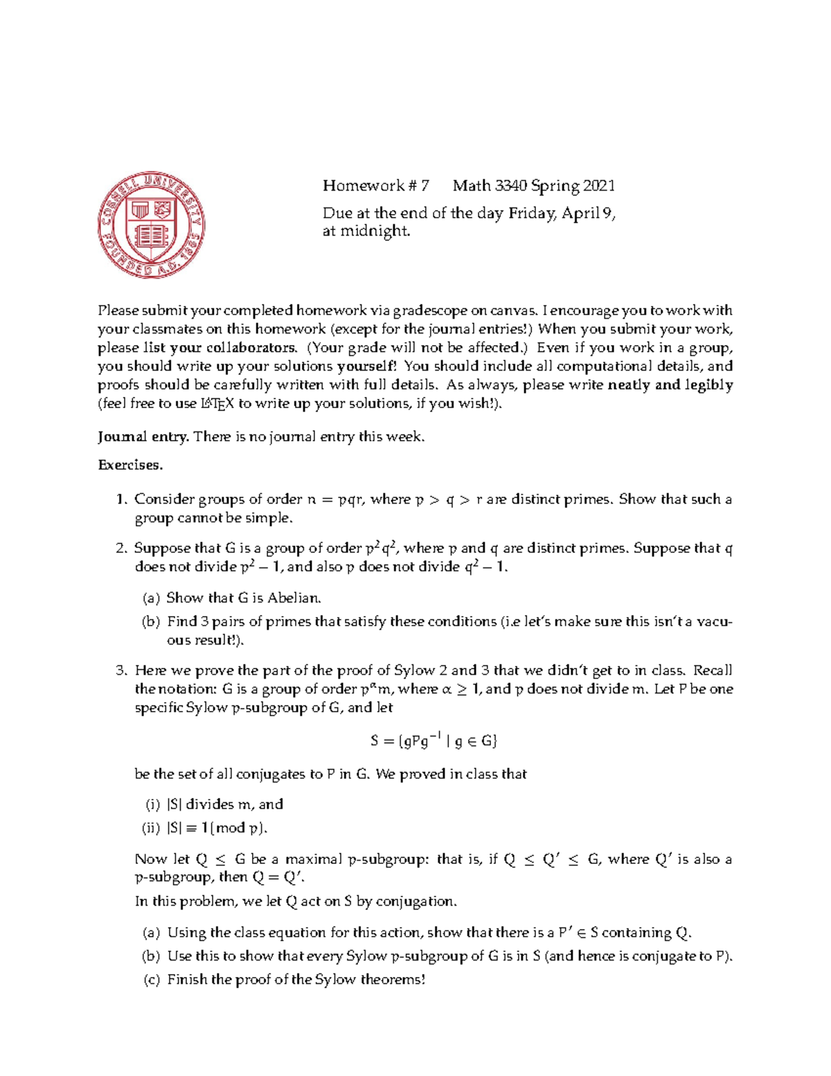 Hw7 Homework Assignment From Math 3340 Taught By Professor Mike Stillman During Homework 7