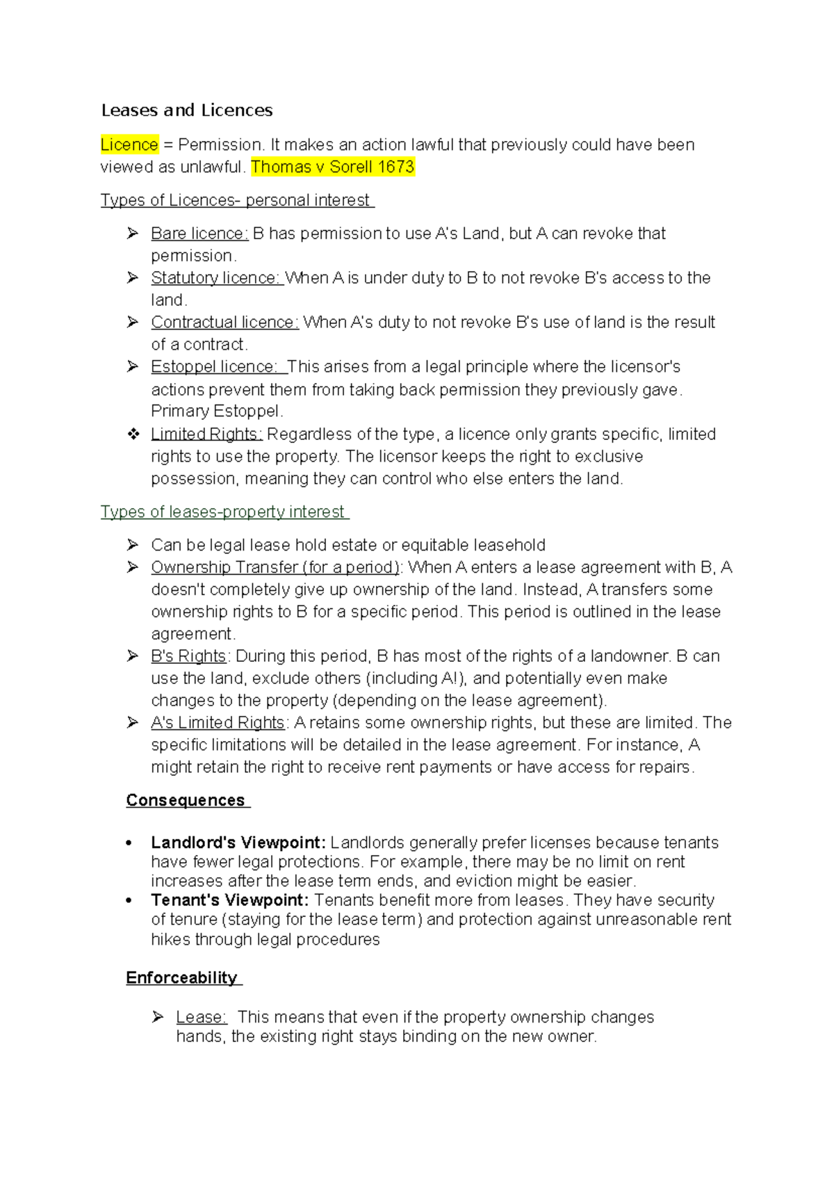Property law - Notes - Leases and Licences Licence = Permission. It ...