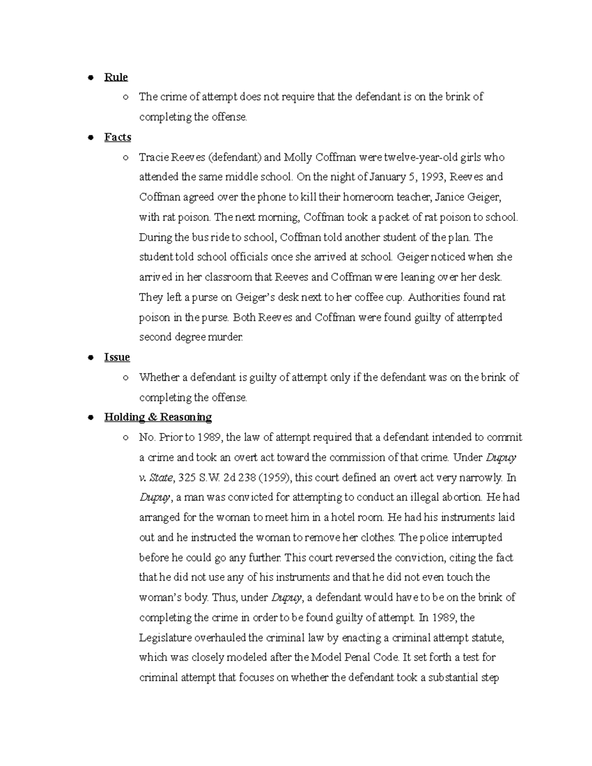 Criminal Law 2022- State v. Reeves - Rule The crime of attempt does not ...