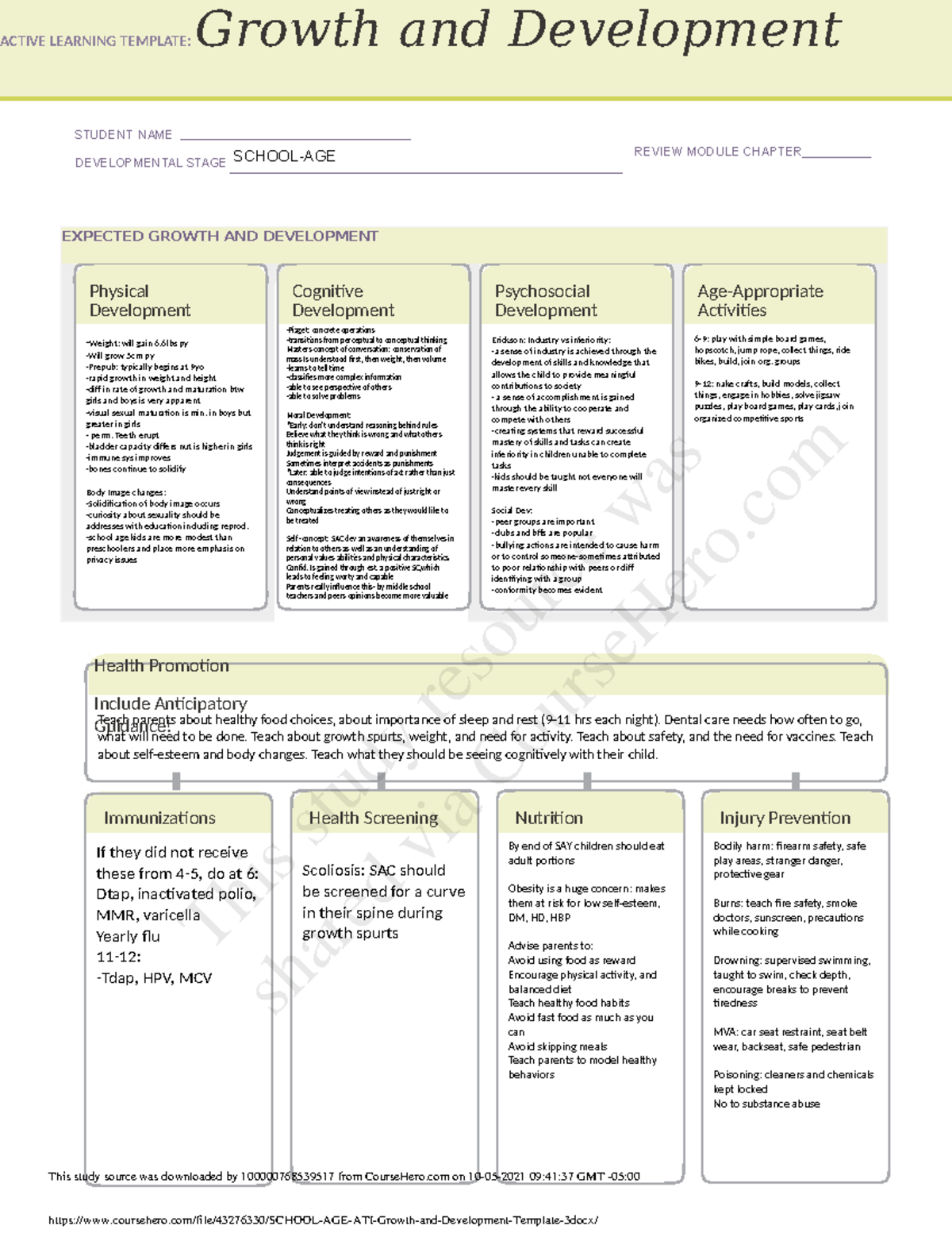 School AGE ATI Growth And Development Template 3 NUR 113 Central 