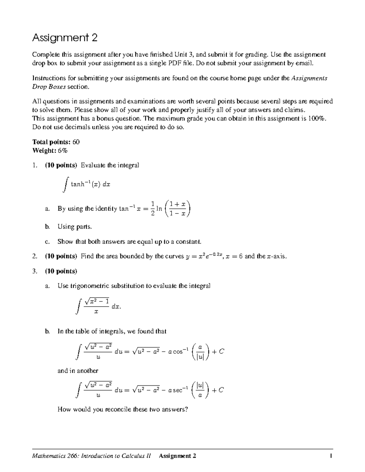 266Assignment 2 - assignment 2 Math 266 Calculus II - Assignment 2 ...