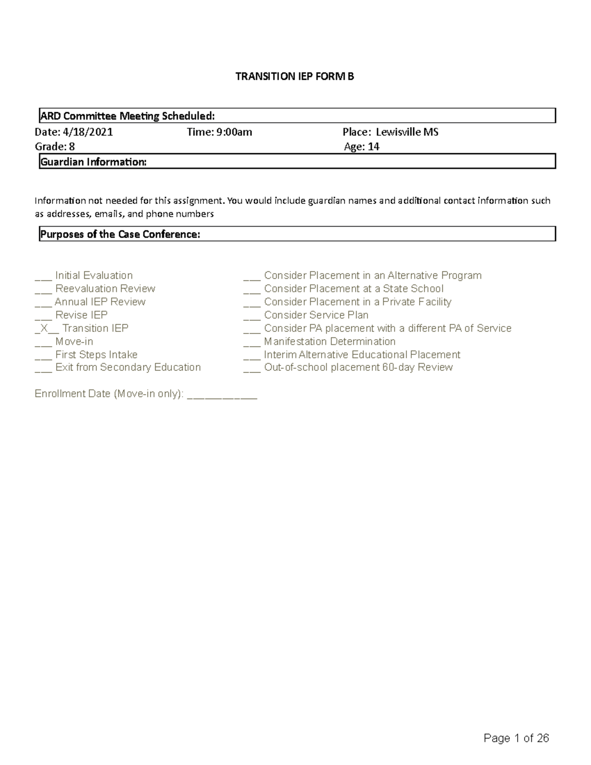 IEP Form B - IEP Form B Fill Out - TRANSITION IEP FORM B ARD Committee ...