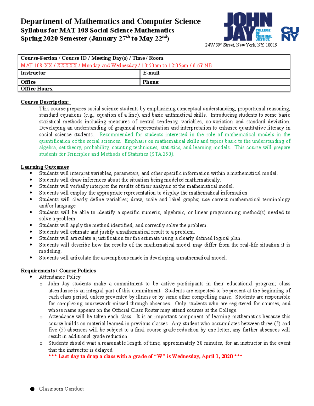 Sp20 mat108 deptsyl MW - syllabus - Department of Mathematics and ...
