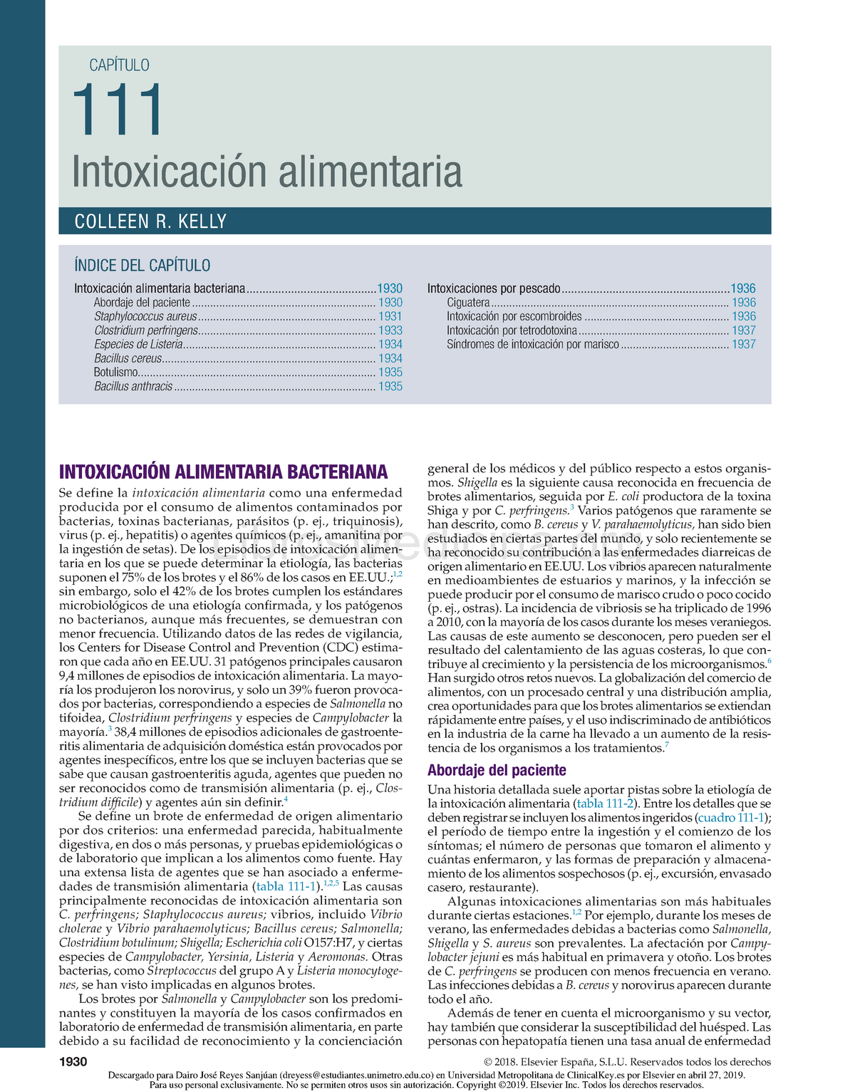 Intoxicacion alimentaria trabajo segundo parcial - 1930 © 2018. Elsevier  España, . Reservados - Studocu