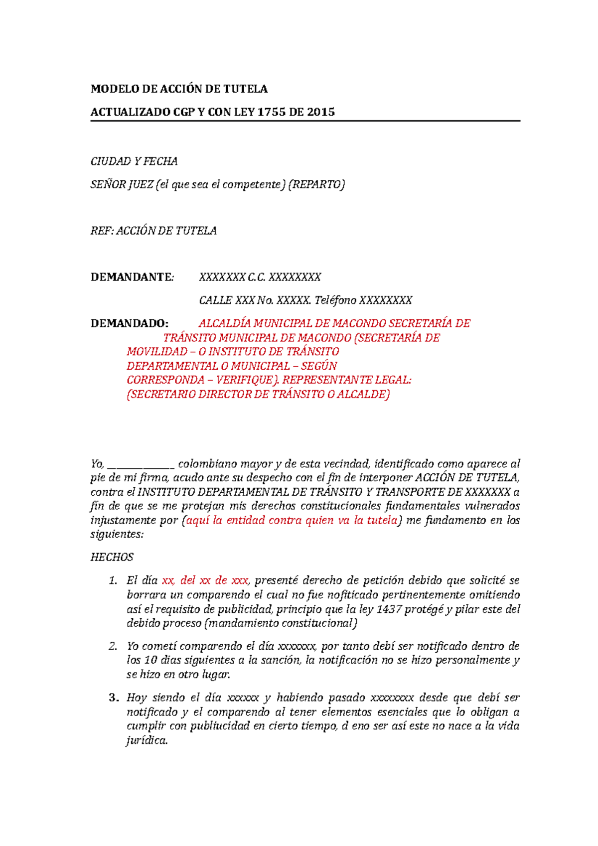 Acción DE Tutela Comparendo - MODELO DE ACCIÓN DE TUTELA ACTUALIZADO ...