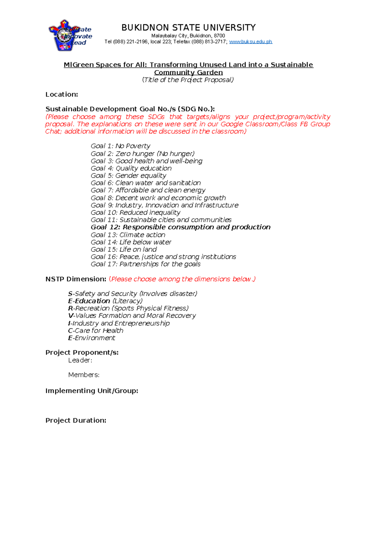 Project Proposal Template - Educate Innovate Lead BUKIDNON STATE ...