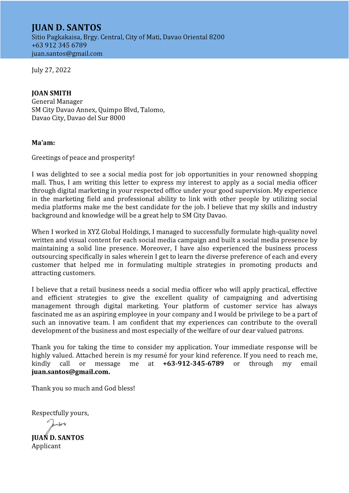 Sample Cover Letter with experience - JUAN D. SANTOS Sitio Pagkakaisa ...