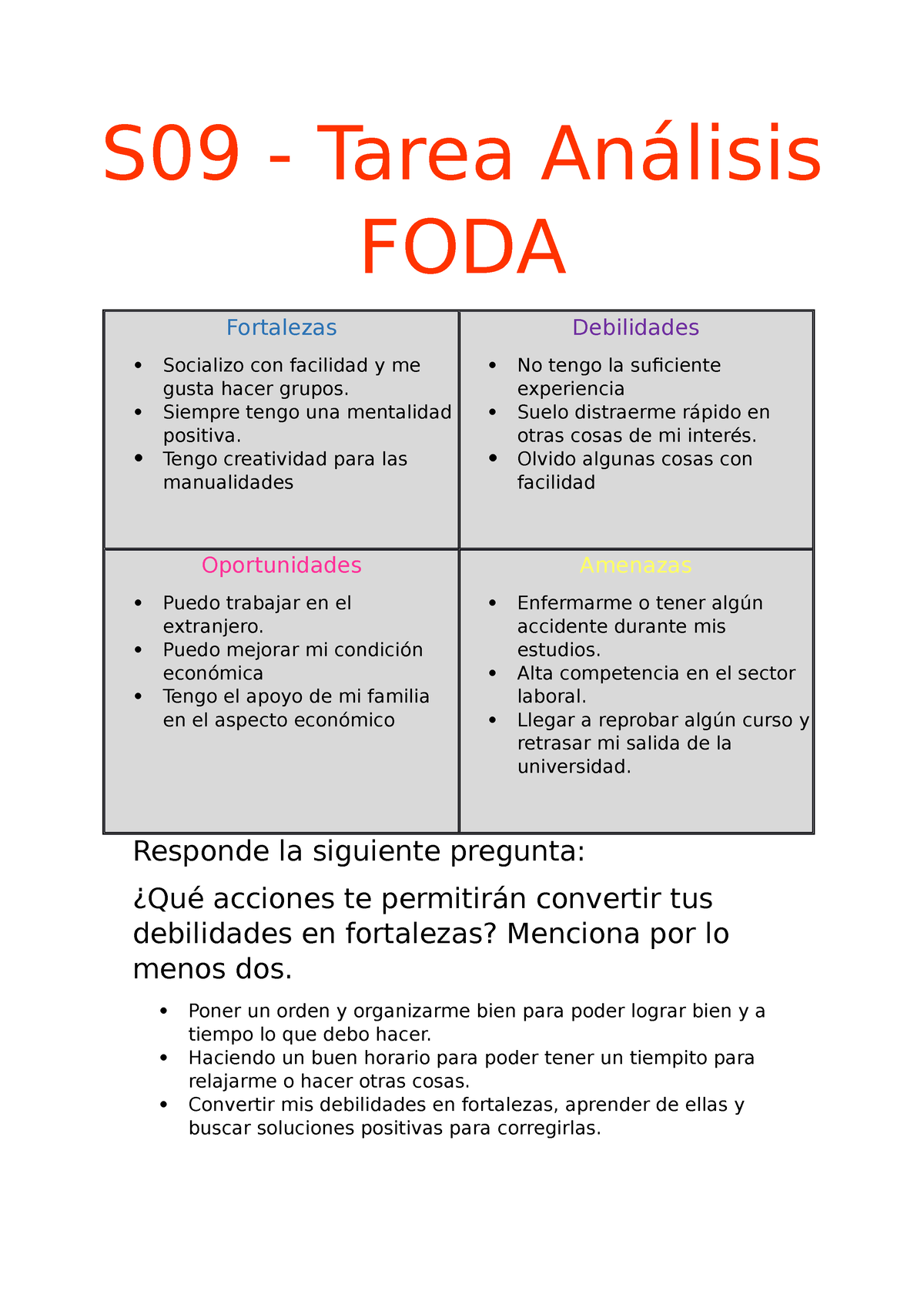 S09 Tarea Análisis Foda S09 Tarea Análisis Foda Fortalezas Socializo Con Facilidad Y Me 7293