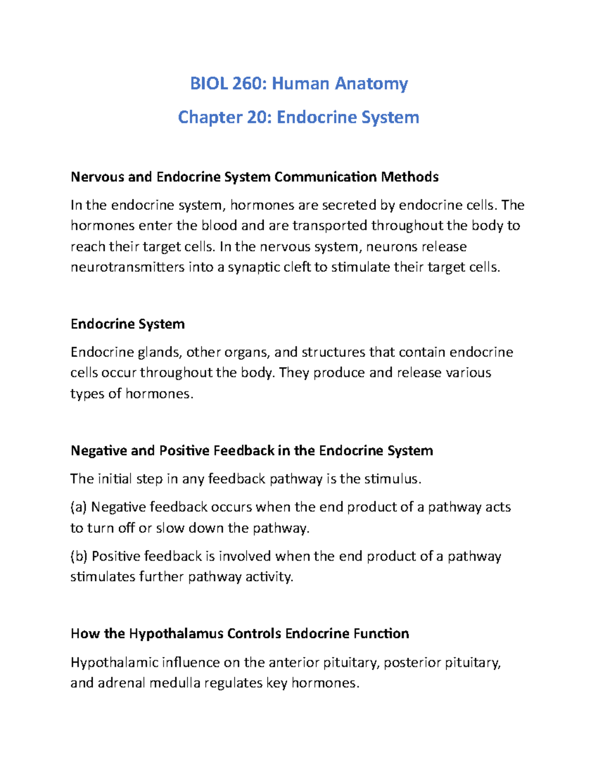 Anatomy Ch 20 (Lecture) - BIOL 260: Human Anatomy Chapter 20: Endocrine ...