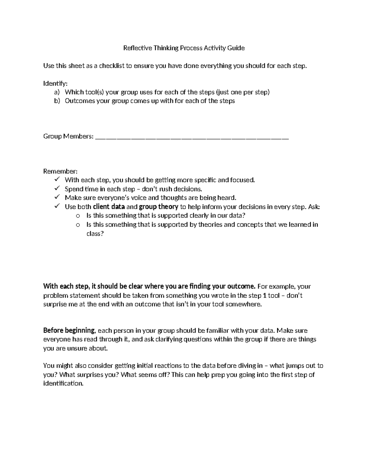 Reflective Thinking Process Activity Guide - Identify: a) Which tool(s ...
