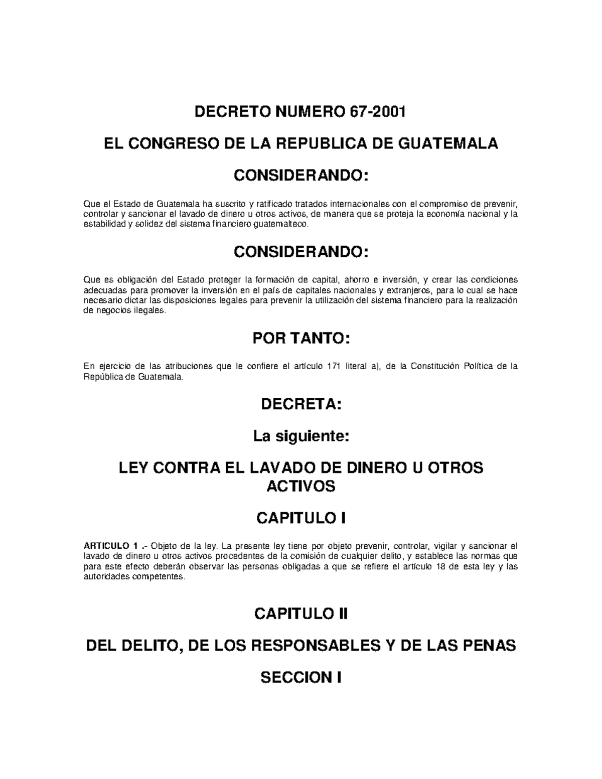 67-2001 Ley Contra el Lavado de Dinero u Otros Activos - DECRETO NUMERO ...