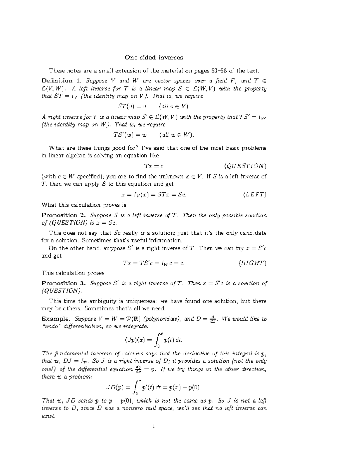 MATH 2318 F13 One Sided Decomp. - One-sided inverses These notes are a ...