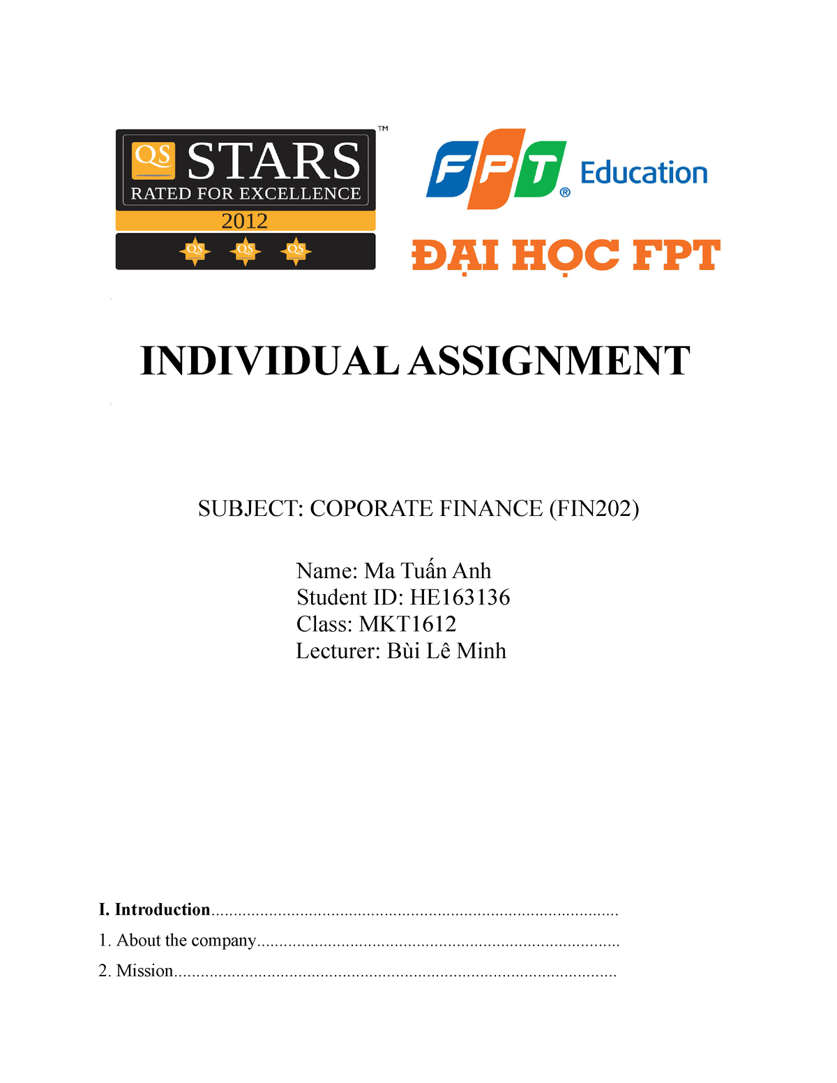 Individual Assignment Fin202 ( Ma Tuấn Anh) - INDIVIDUAL ASSIGNMENT ...