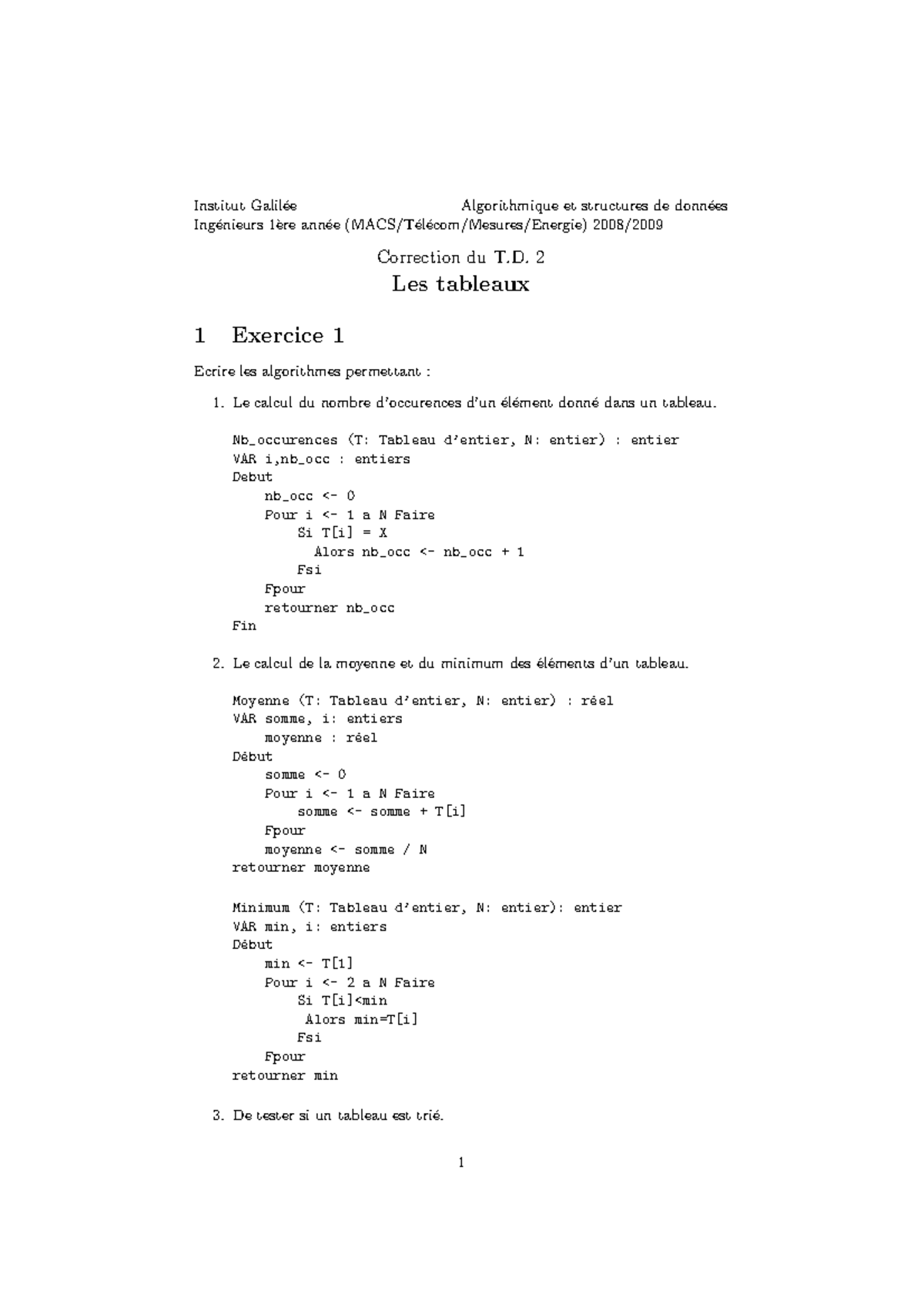 Correction TD 2 - Institut Galil ́ee Algorithmique et structures de ...