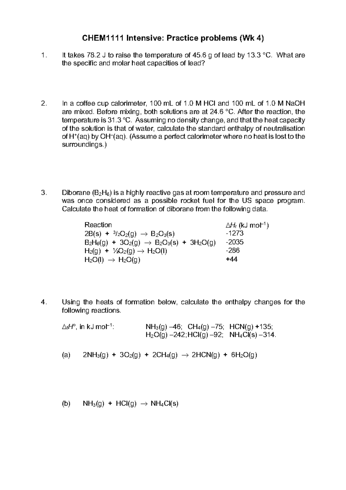 Practice problems 4 What are the specific and molar heat capacities