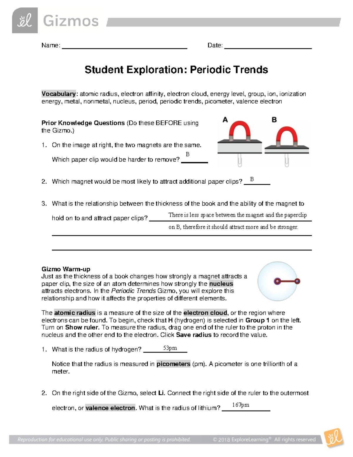 Periodic Trends Gizmo Name Date Student Exploration Periodic Trends Vocabulary Atomic 