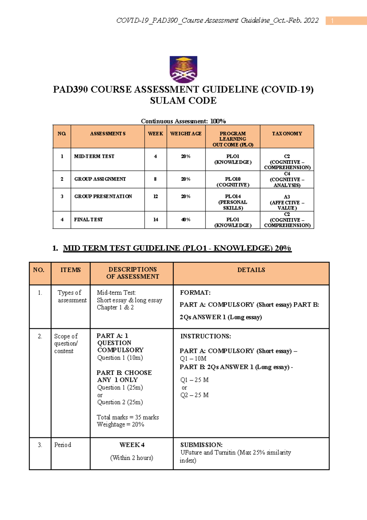 PAD390 Continuous Assessment Guideline ( Covid-19) SEM OCT-FEB 2022 ...