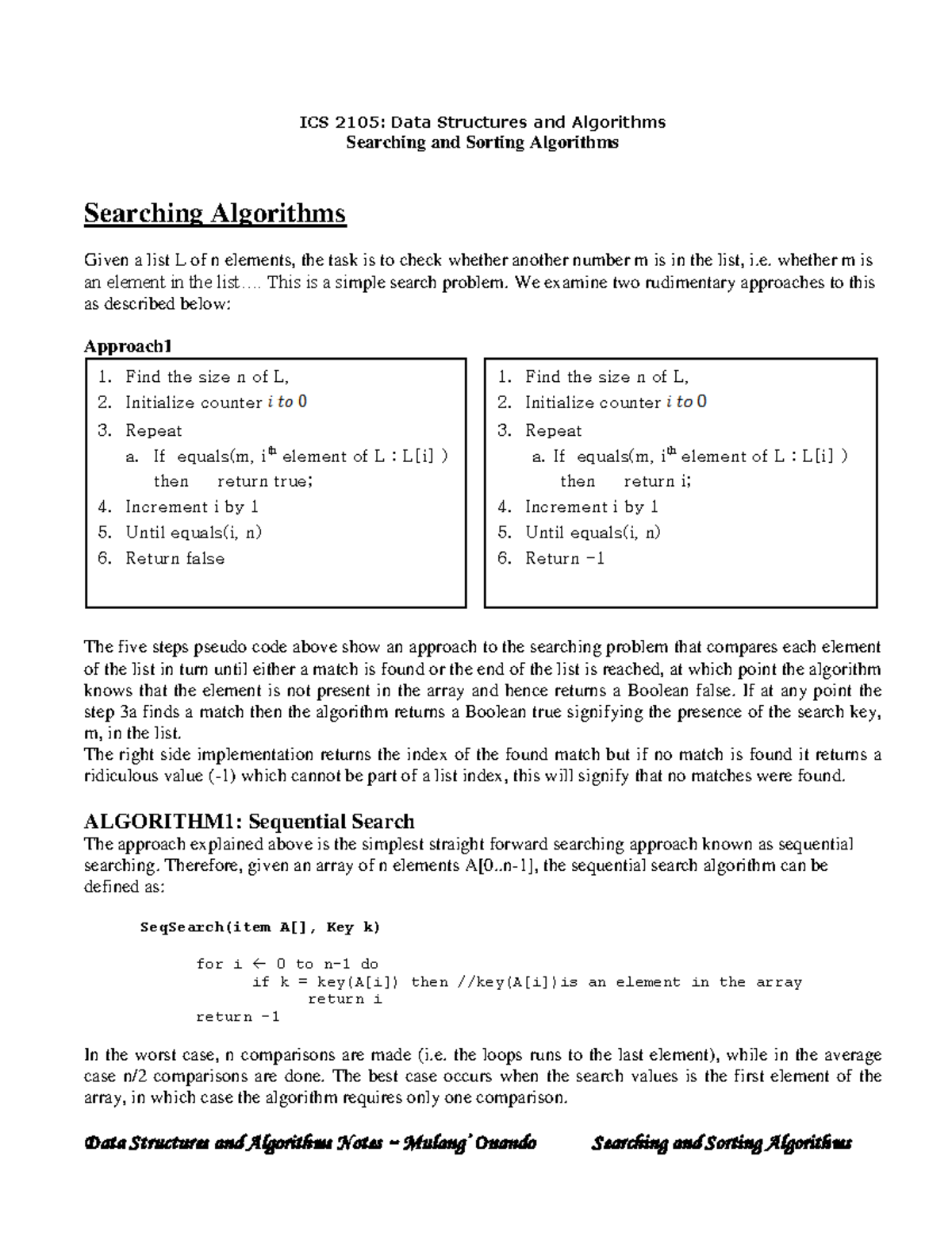 Sorting and searching algorithms - ICS 2105: Data Structures and ...