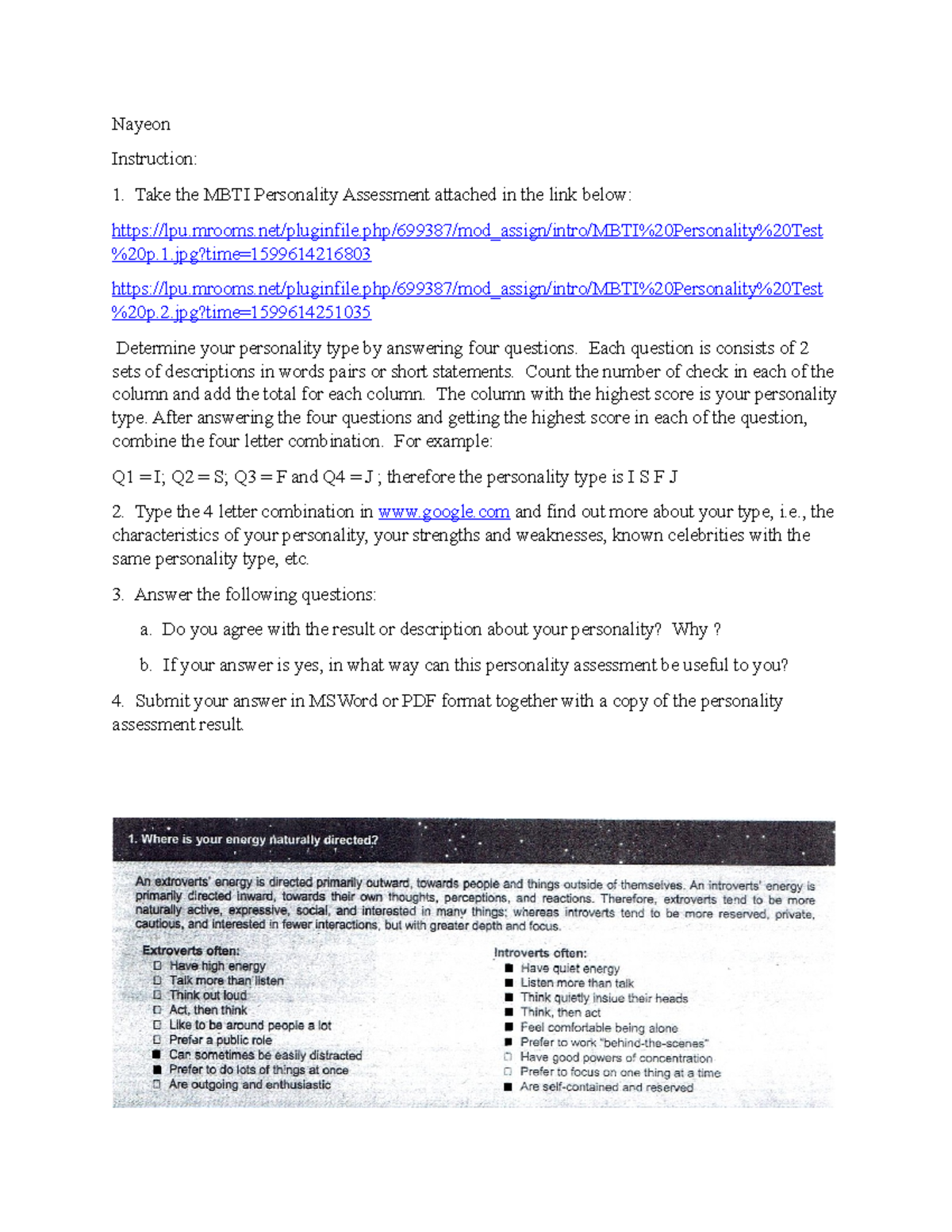 MBTI Assessment - MNTI - Nayeon Instruction: Take the MBTI Personality ...