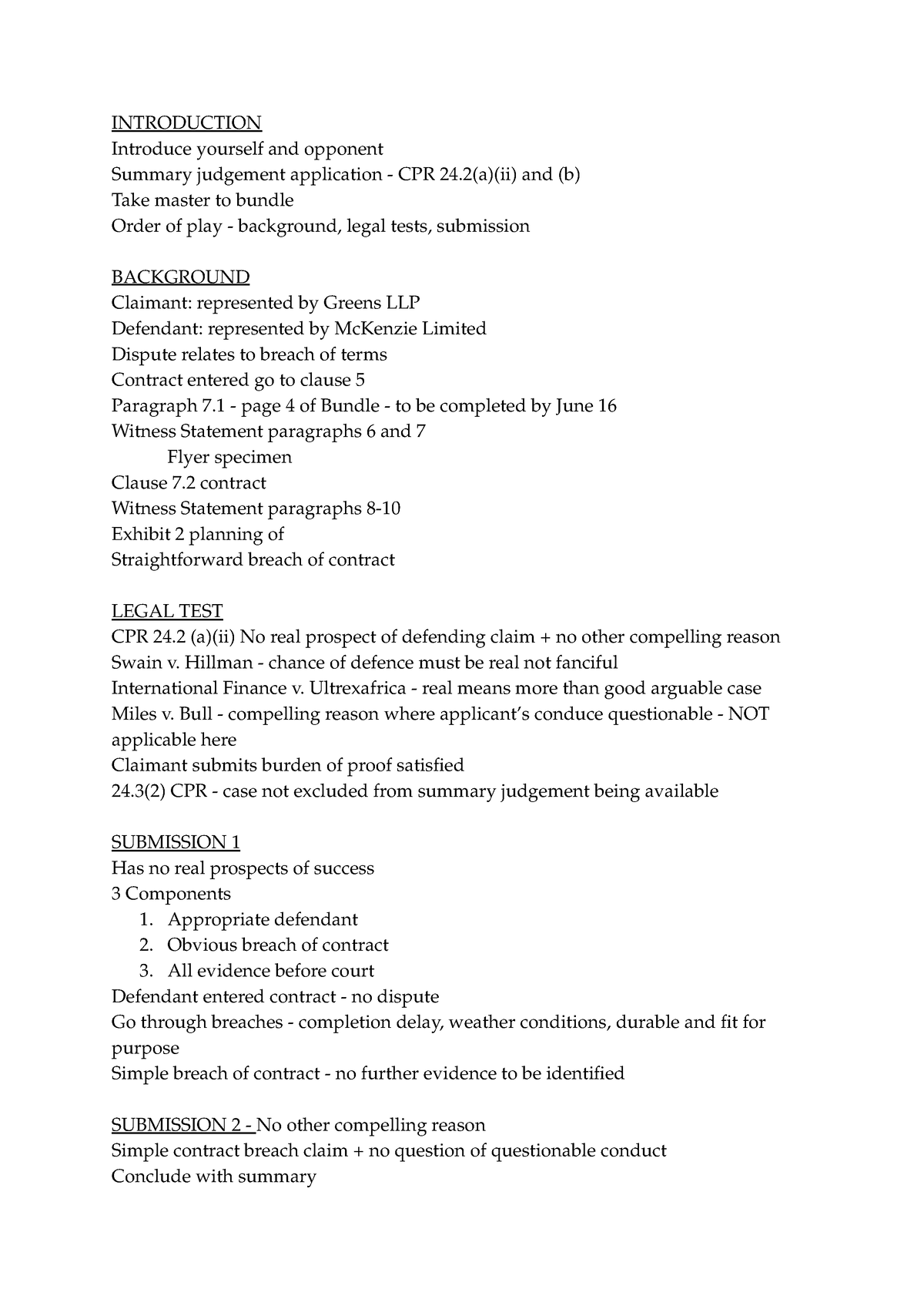 Advocacy Notes - INTRODUCTION Introduce yourself and opponent Summary ...