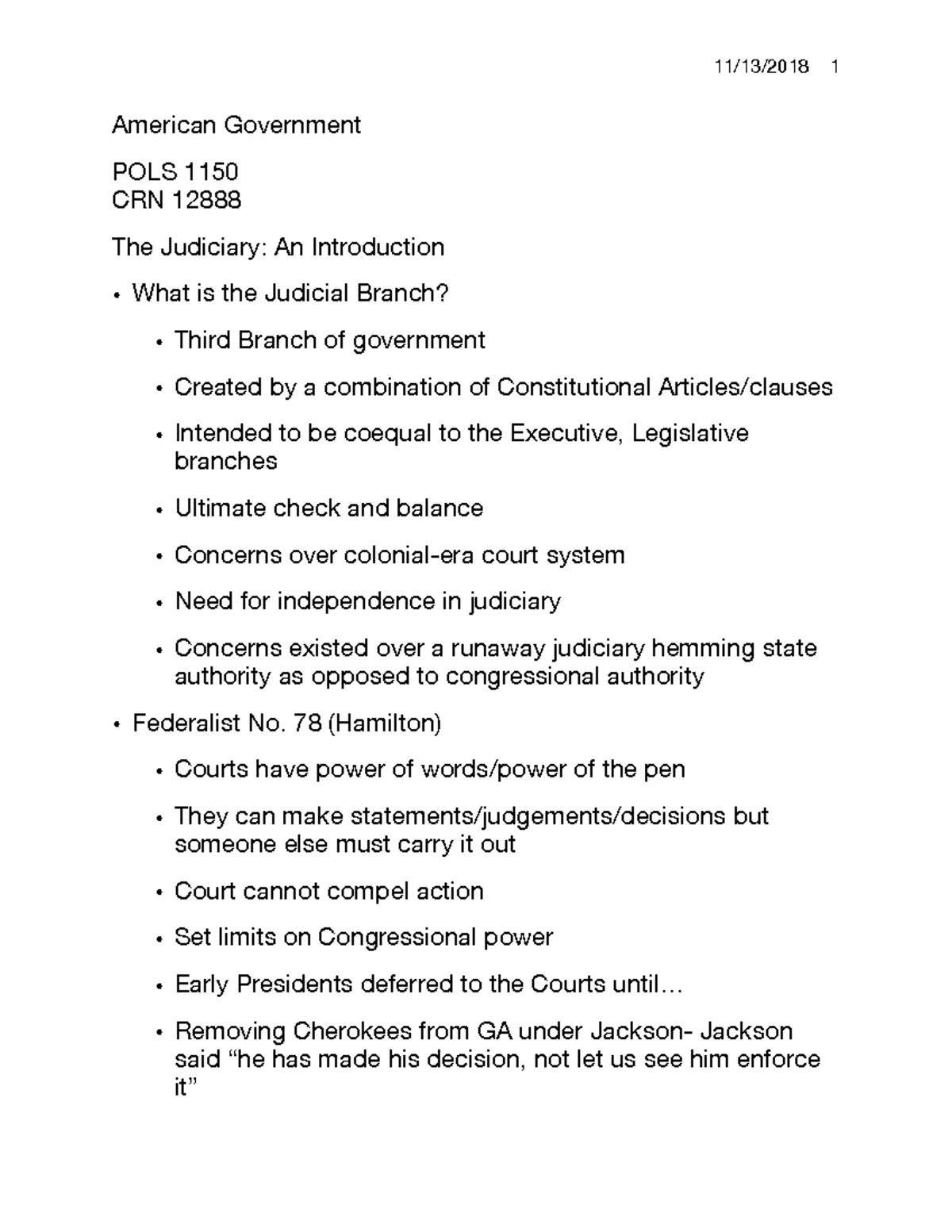 11:13 Class Notes - American Government POLS 1150 CRN 12888 The ...