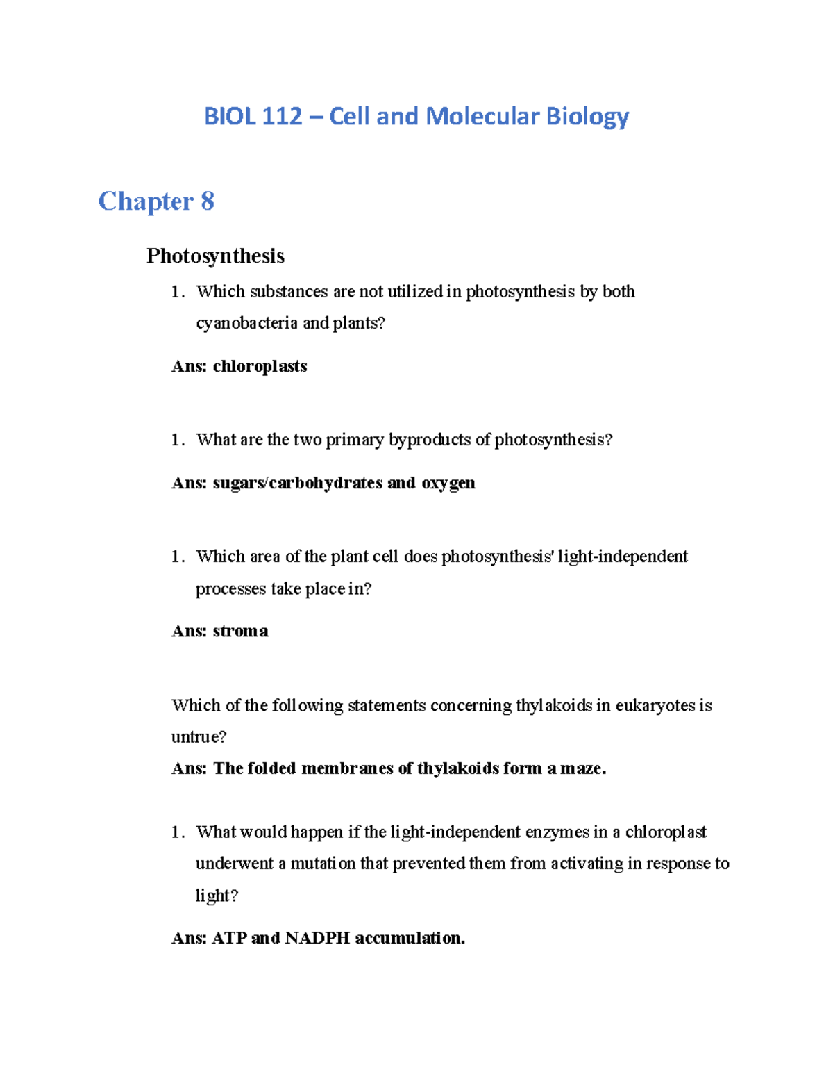 Biology I - Cell And Molecular Biology Chapter 8 - BIOL 112 – Cell and ...