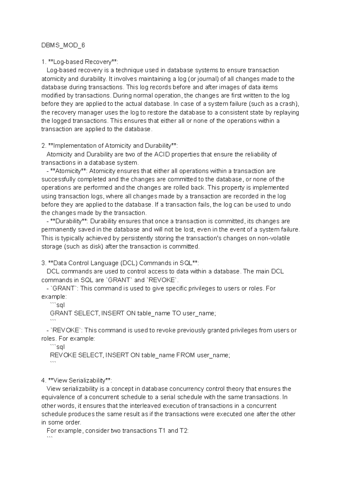 DBMS MOD 6 - module 6 of DBMS - DBMS_MOD_ Log-based Recovery: Log-based ...