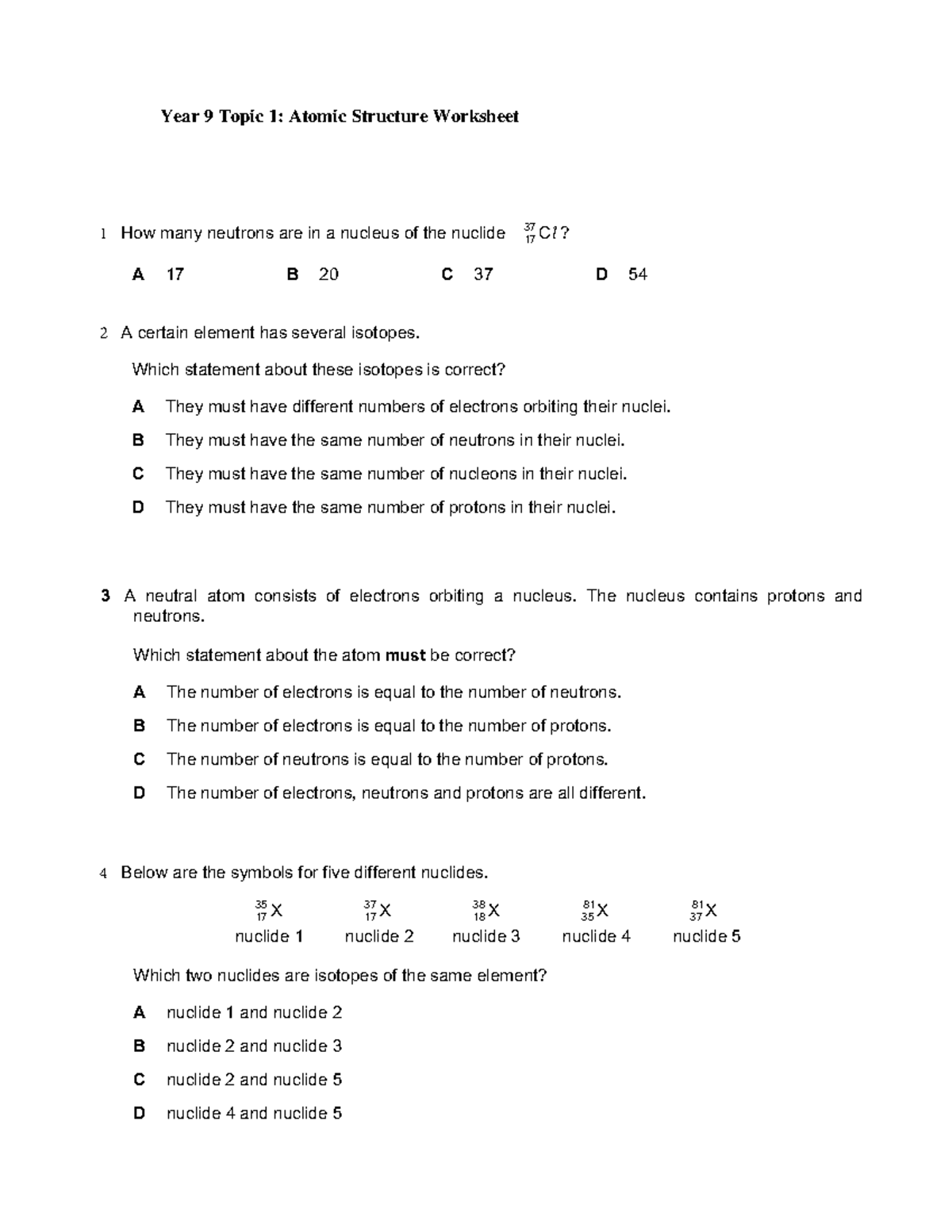 Year 11 Atomic Worksheet 1(2020) - Studocu