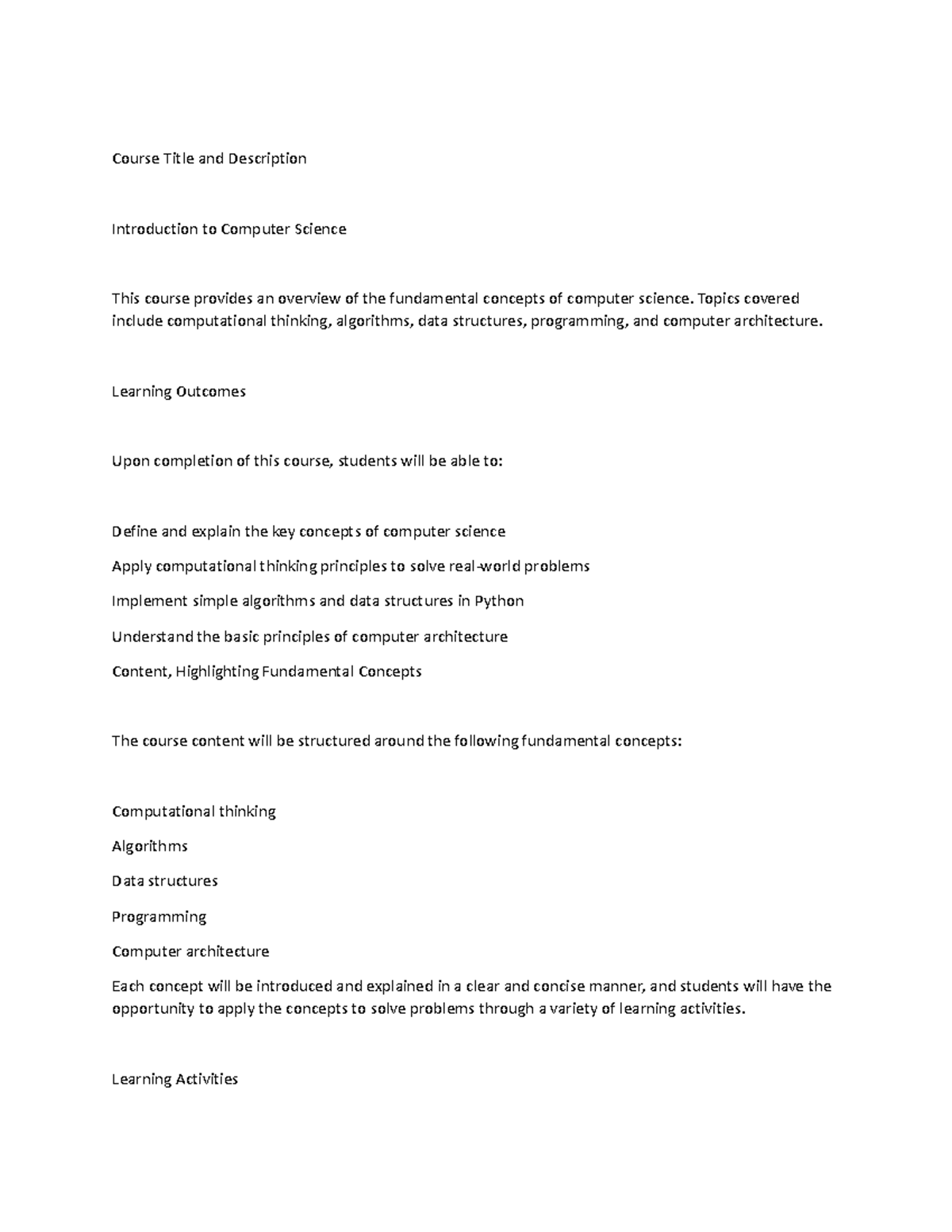 Assignment 1 (course outline) - Course Title and Description ...