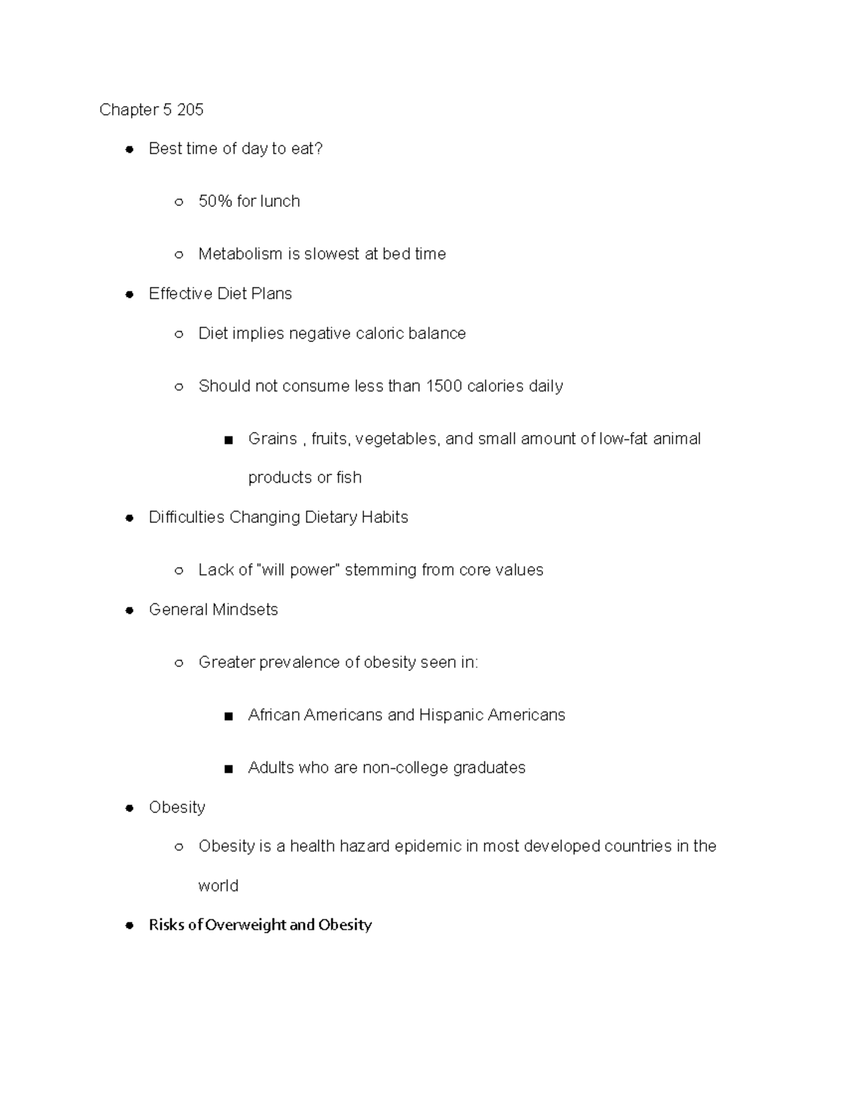 Chapter 5 205 - Lecture notes 3 - Chapter 5 205 Best time of day to eat ...