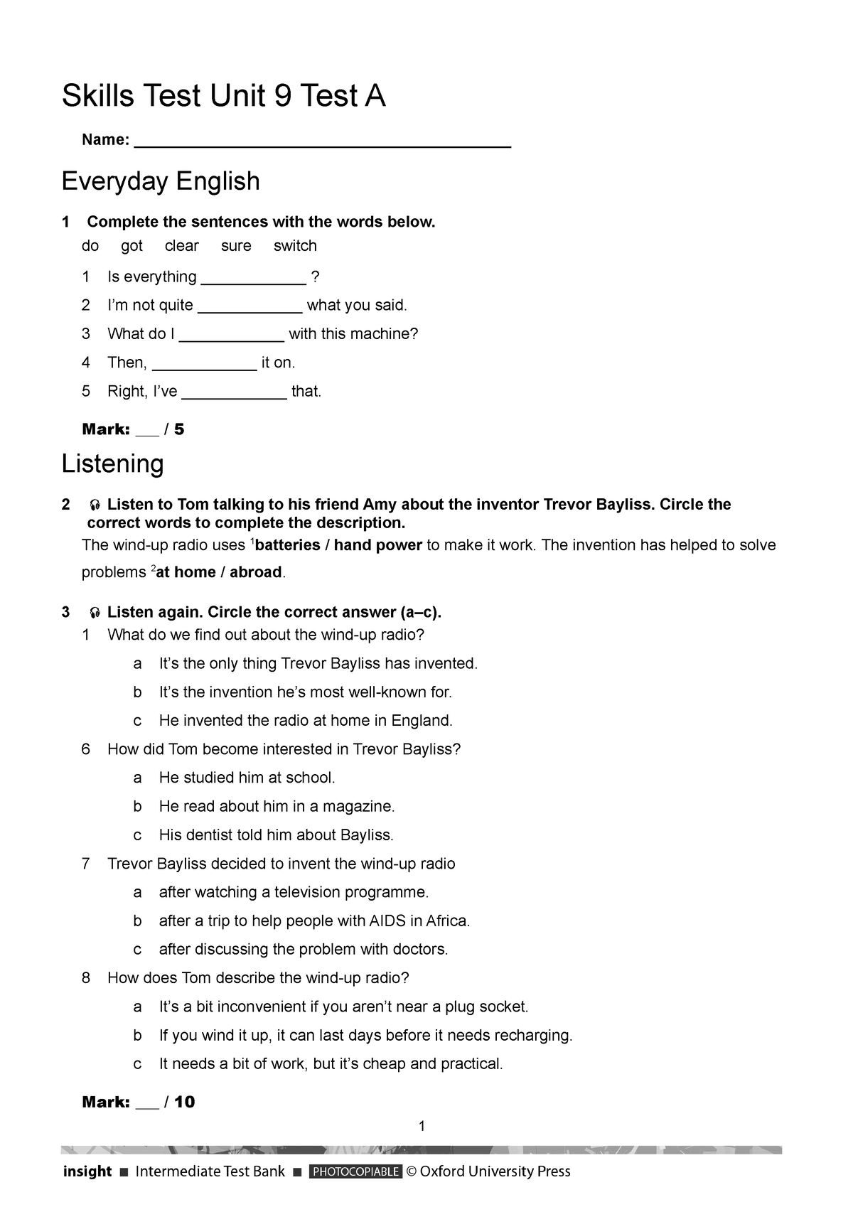 Skills Test Unit 9 A - Intermediate skill test key - Skills Test Unit 9  Test A Name: - Studocu