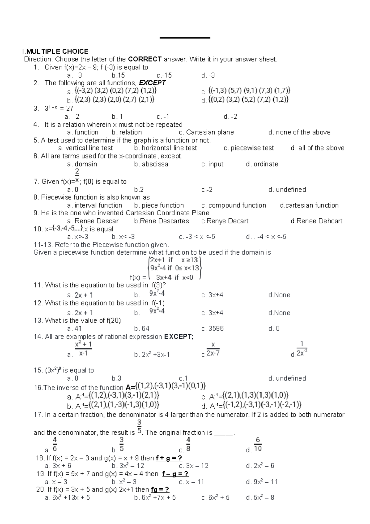 General Mathematics - Exam - ____________ I CHOICE Direction: Choose ...