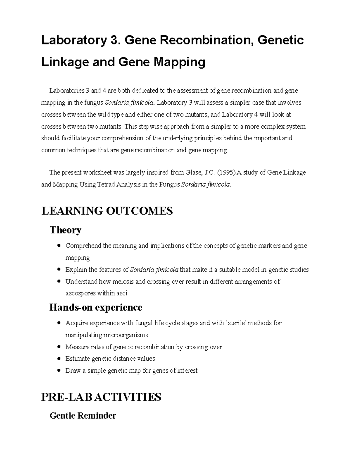 Lab 3 Lab work Laboratory 3. Gene Linkage