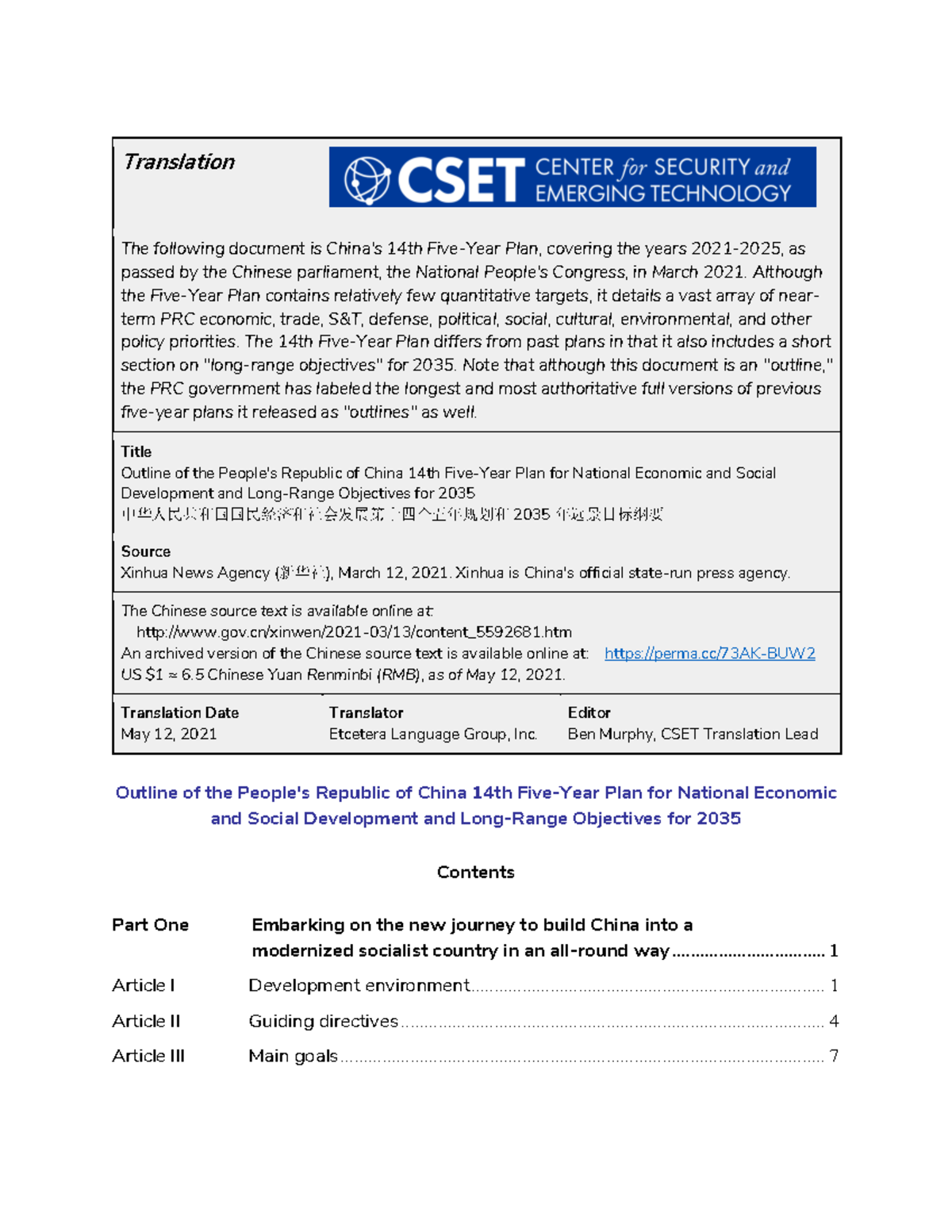 14th Five Year Plan - Translation The following document is China's ...