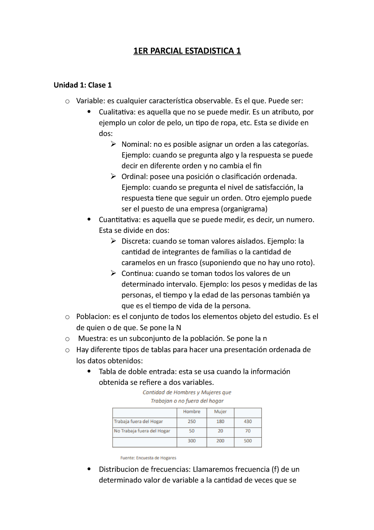 1ER Parcial Estadistica 1 - 1ER PARCIAL ESTADISTICA 1 Unidad 1: Clase 1 ...