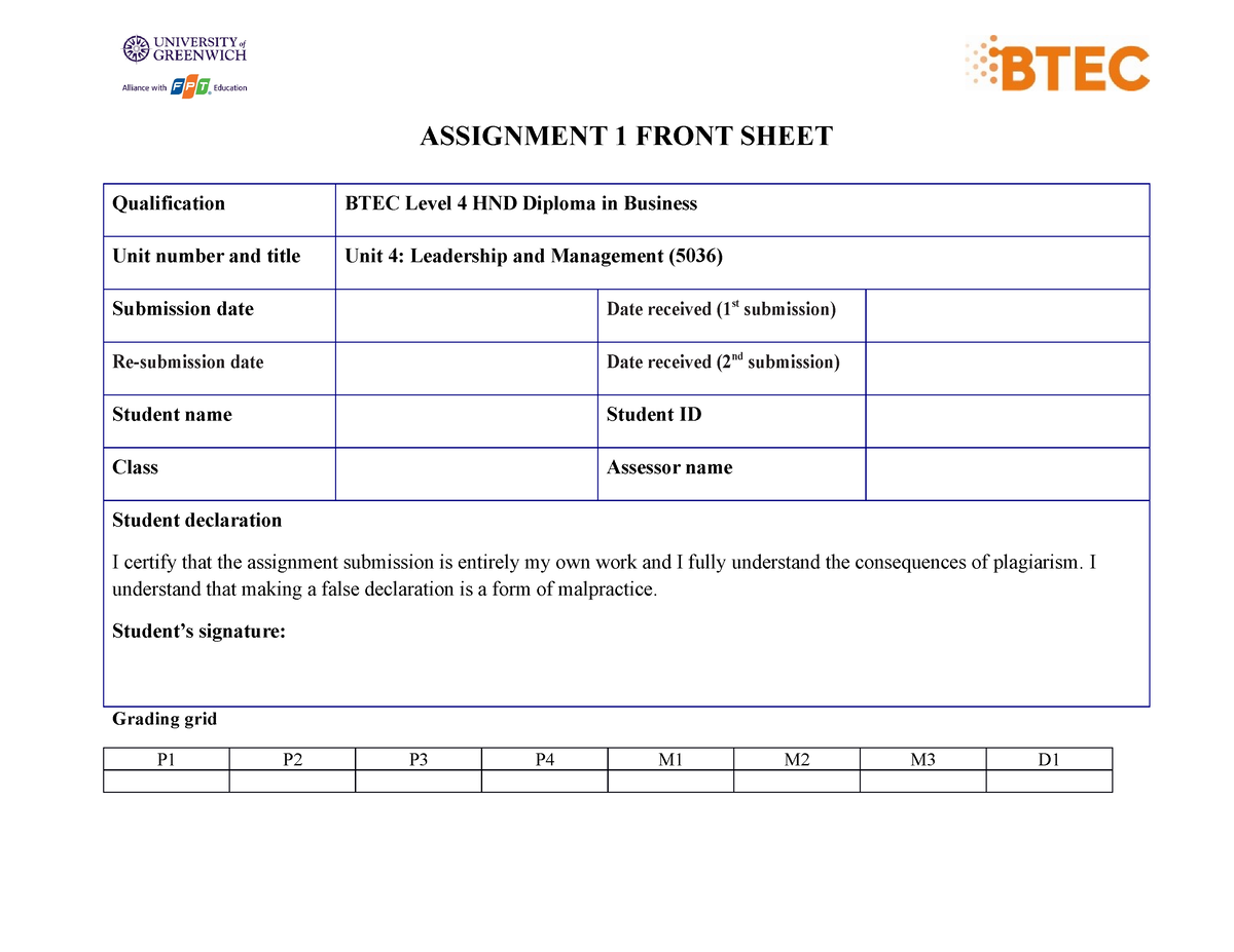 Unit 4 5036 AS1 Frontsheet - ASSIGNMENT 1 FRONT SHEET Qualification ...