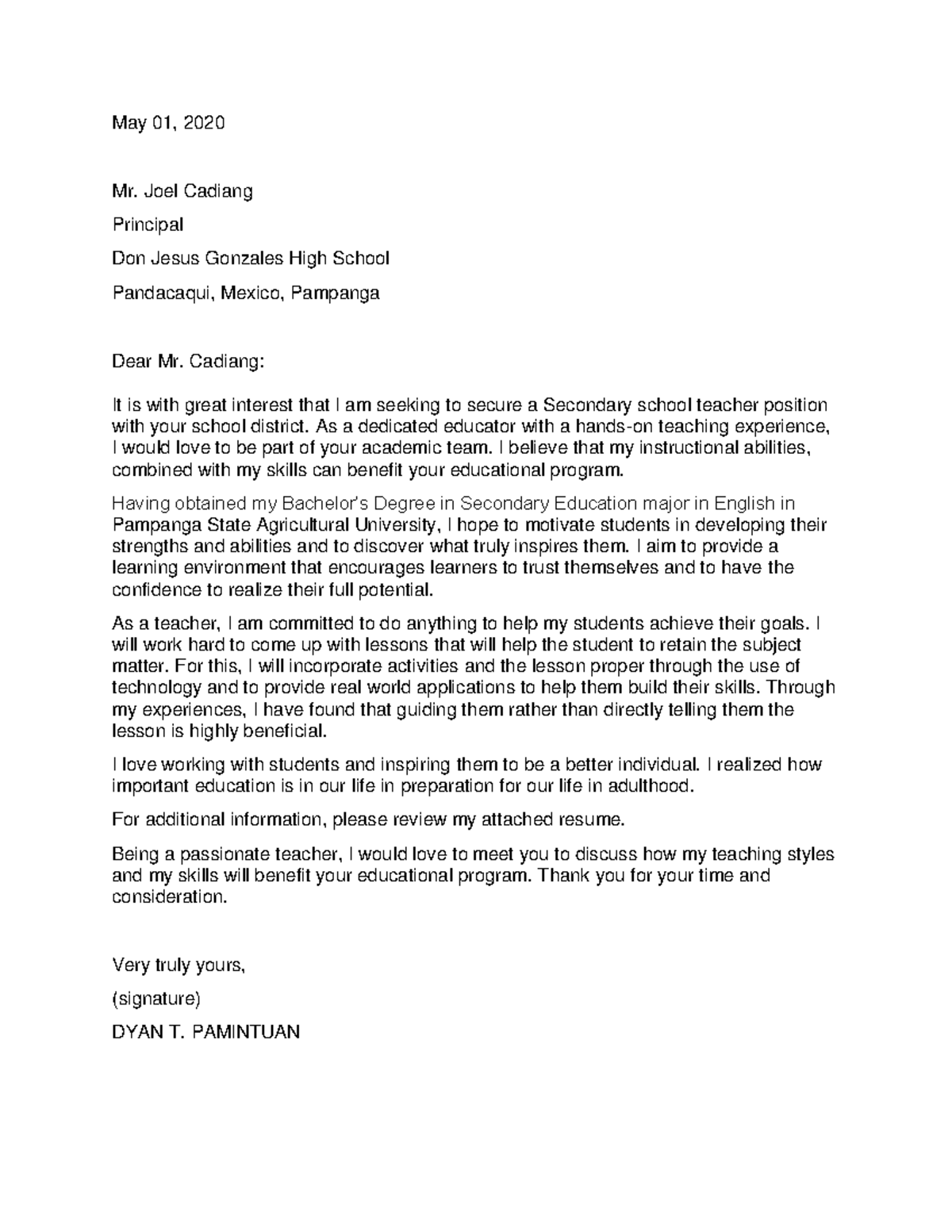 Application letter - ddd - May 01, 2020 Mr. Joel Cadiang Principal Don ...