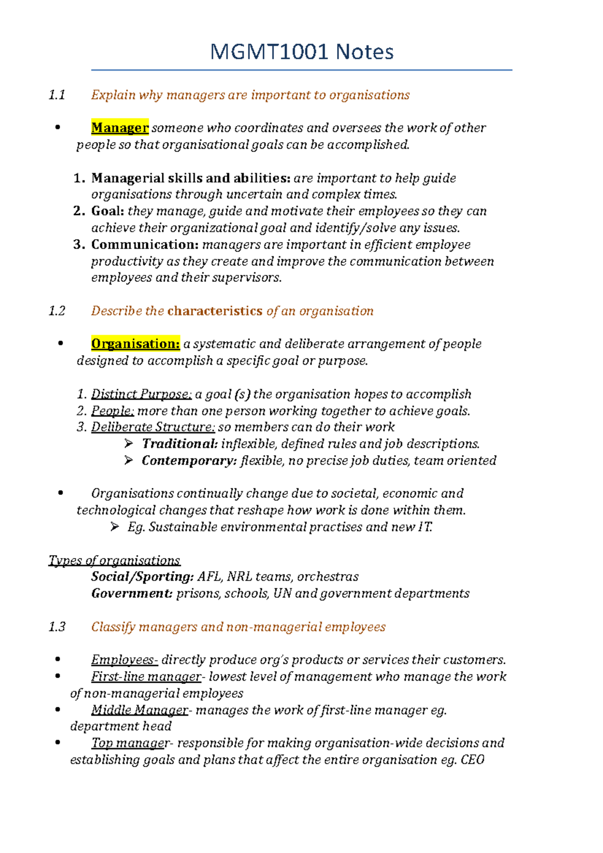 MGMT1001-Notes - Lecture note 1-12 - MGMT1001 Notes 1 Explain why ...