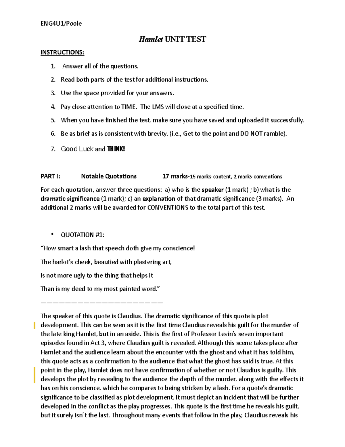 Hamlet Test assignment ENG4U1/Poole Hamlet UNIT TEST INSTRUCTIONS
