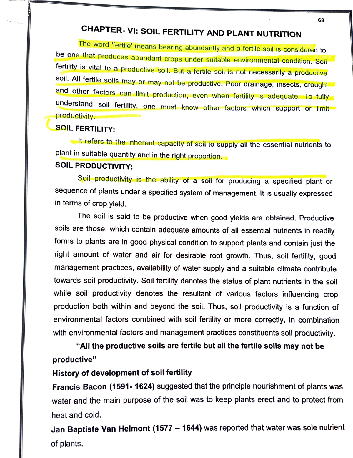 Unit 3 Notes - 68 CHAPTER-VI: SOIL FERTILITY AND PLANT NUTRITION The ...