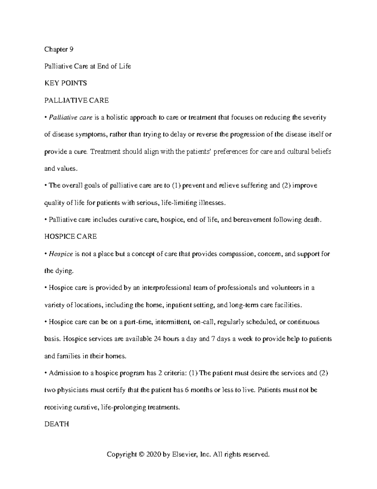 Chapter 009 Medsurge RN Chapter 9 Palliative Care at End of Life KEY POINTS PALLIATIVE CARE